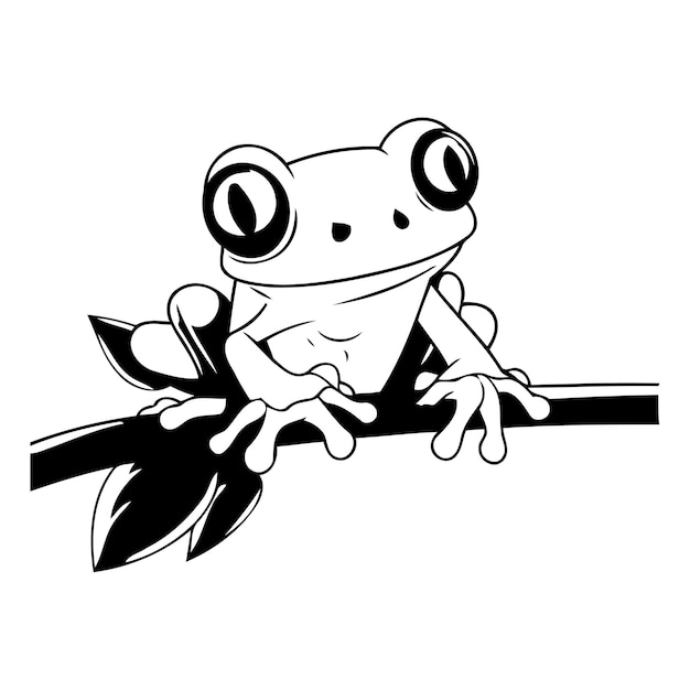 Cartoon green tree frog sitting on a branch Vector illustration