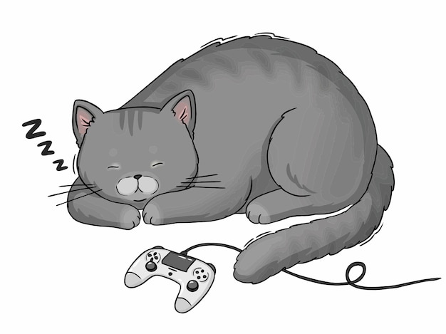 Cartoon grijze kat slapen met joystick van playstation