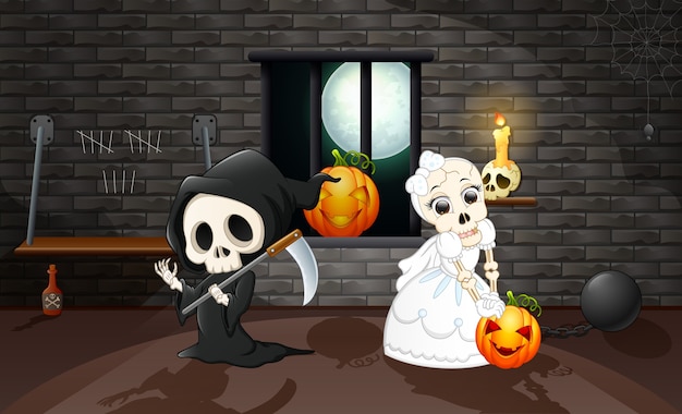 漫画のgrim reaperと頭蓋骨の花嫁
