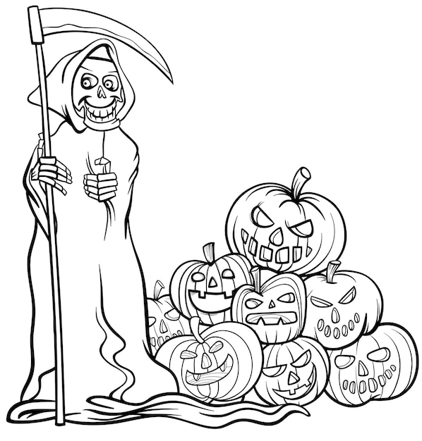 Cartone animato grim reaper e mucchio di zucche di halloween da colorare pagina