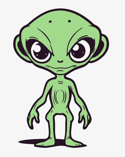 Cartoon groene alien met grote ogen op een witte achtergrond.