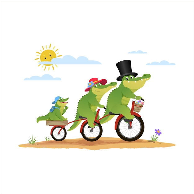 Cartoon groene grappige krokodil familie in een hoed op een fiets vader moeder baby krokodil met fiets schattig w