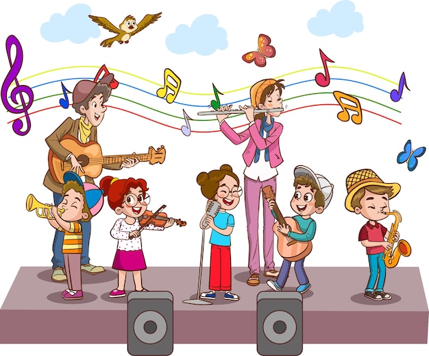 Cartoon groep kinderen zingen en dansen in het schoolkoor