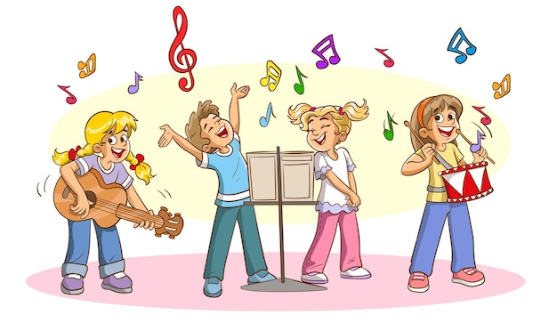 Cartoon groep kinderen zingen in de schoolchoor.vector afbeelding.