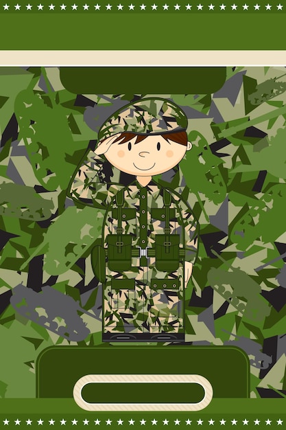 Cartoon groetende leger soldaat op camouflage achtergrond militaire geschiedenis illustratie