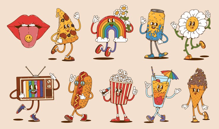 Vector cartoon groovy characters retro nostalgic set