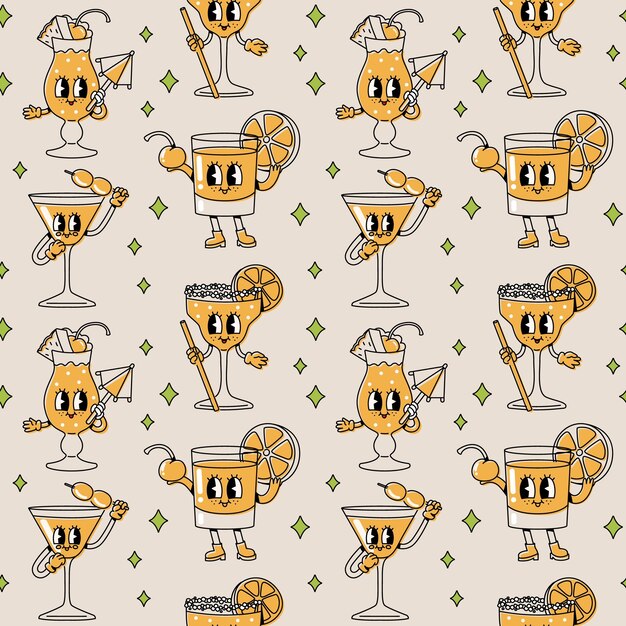 Cartoon groovy cocktail characters seamless pattern