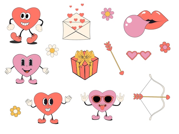 Cartoon groovy hearts collection Valentine's Day elements set