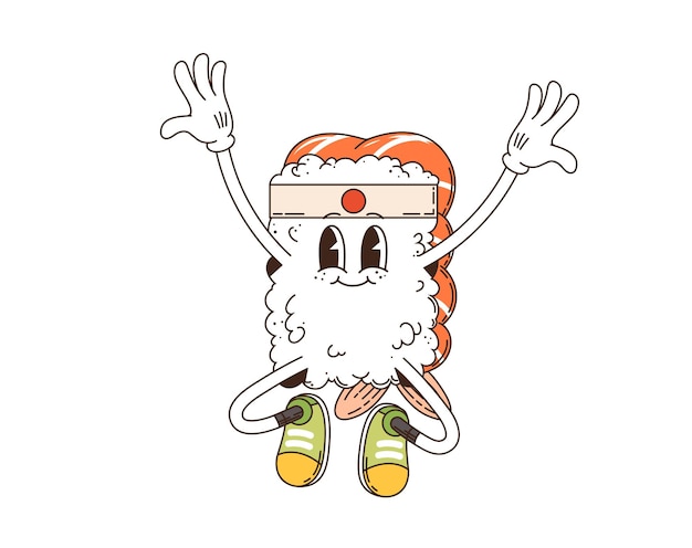 Cartoon groovy jumping nigiri sushi character