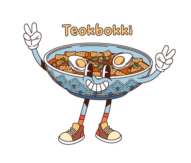 Cartoon groovy Koreaanse teokbokki schaal personage