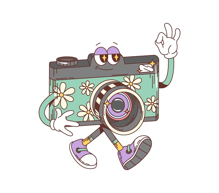 Vector cartoon groovy retro fotocamera funky personage