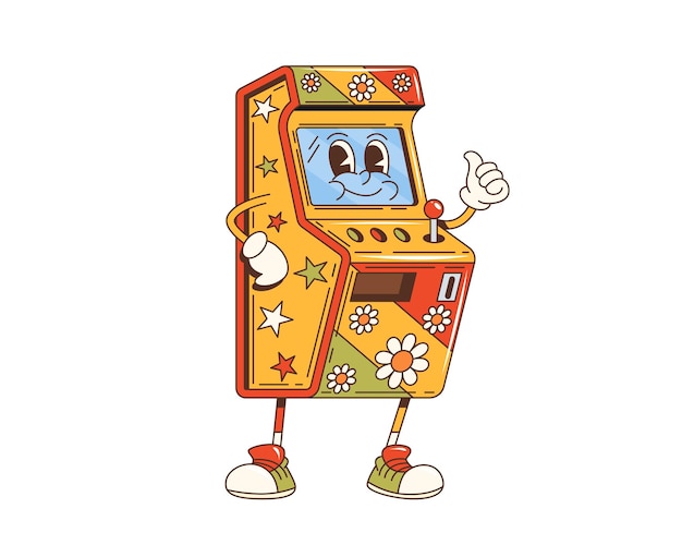 Cartoon groovy retro slot machine arcade personage