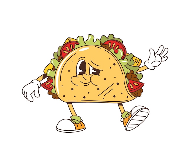 Cartoon groovy retro tacos fast food character