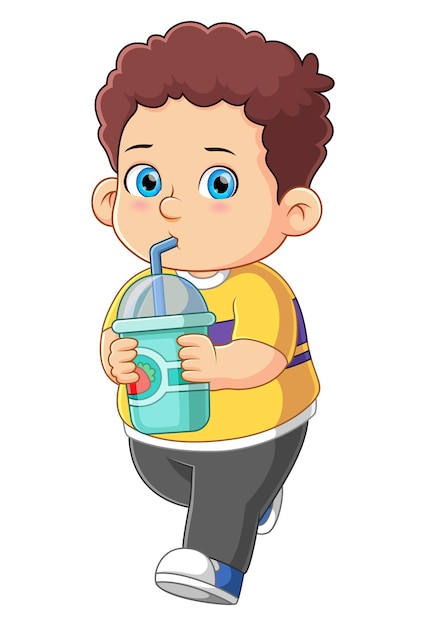 Cartoon grote jongen drinkt bubbelthee