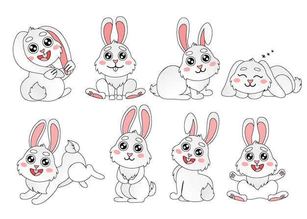 Vector cartoon grote reeks schattige konijntjes banner met vectorillustraties vector doodle bunny in schattige poses