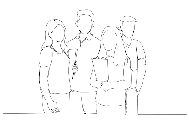 Cartoon of group of asian friends standing and posing in front of campus One continuous line art style