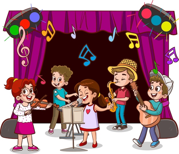 Vettore gruppo di cartoni animati di bambini che cantano e ballano nel coro della scuola