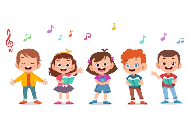 Gruppo di cartoni animati di bambini che cantano nel coro della scuola