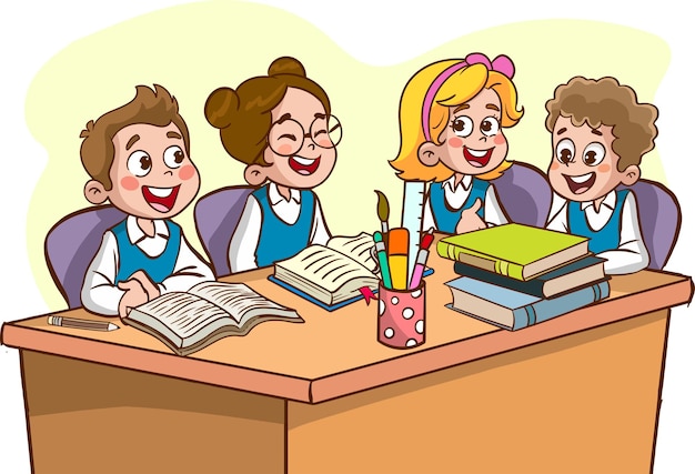 A cartoon of a group of children sitting at a table with books and a cup of tea.