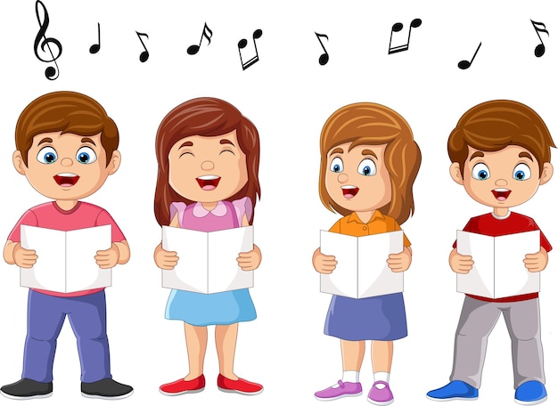 Cartoon group of choir children singing a song