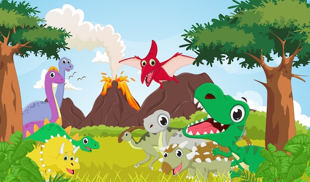 Vector cartoon group of dinosaur with the prehistoric background