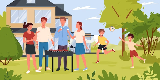 幸せなキャラクターの漫画グループ料理グリル食品肉ソーセージ友達子供たちが一緒にボールを遊んで背景裏庭の庭やサマーパークでバーベキューパーティーの家族のベクトル図