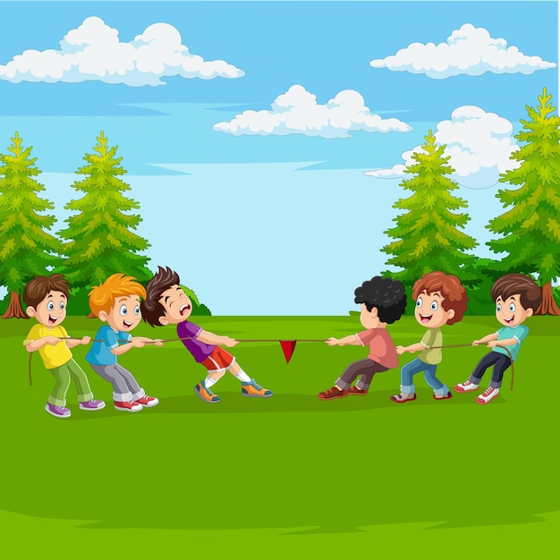 Вектор Группа детей, играющих в перетягивание в парке