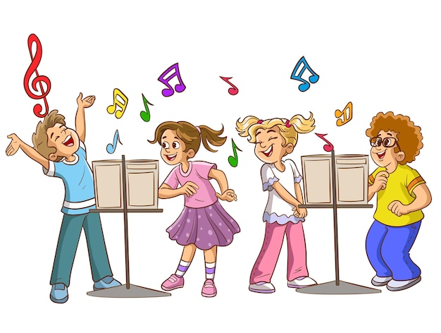 Вектор Мультипликационная группа детей, поющих в школьном хоре