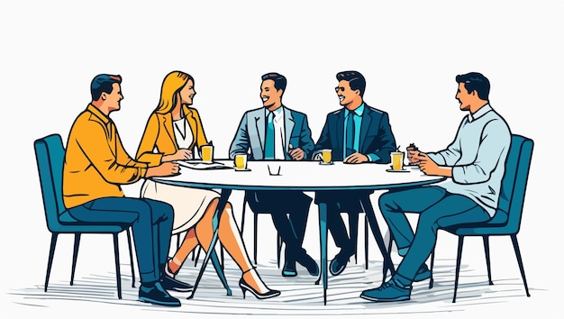 a cartoon of a group of people sitting at a table with coffee and coffee