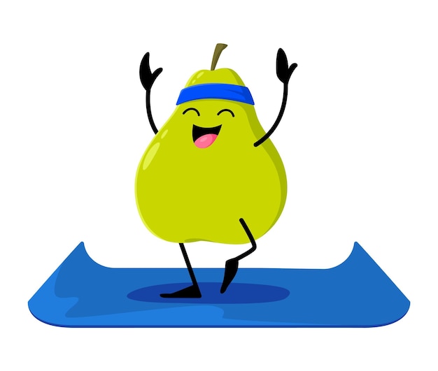 ヨガ フィットネスの漫画のグアバまたは梨の果物のキャラクター スポーツ トレーニング演習を行う幸せな笑顔のフルーツ マスコット コミカルな梨または健康的なグアバ分離ベクトル人物ヨガ マットでストレッチ
