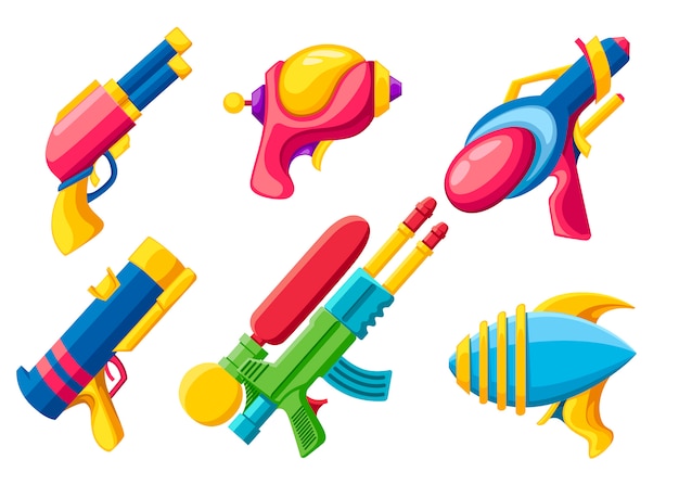 漫画銃コレクション。カラフルなおもちゃ。宇宙レーザー銃。白い背景の上のベクトル図