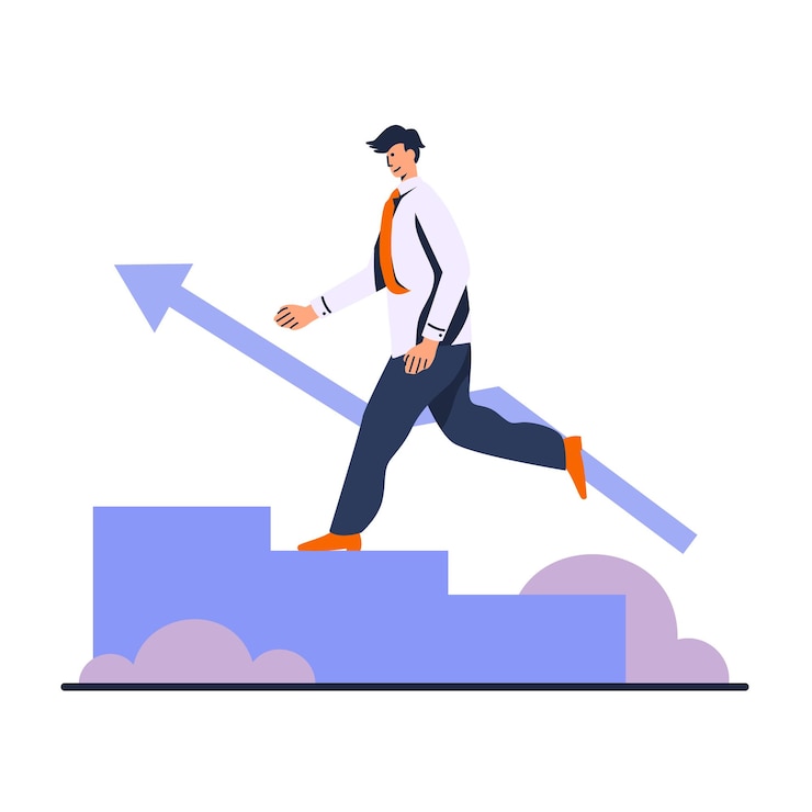 Vector cartoon guy going up career ladder people celebrating success at work support and teamwork career goal achievement getting promotion at work vector