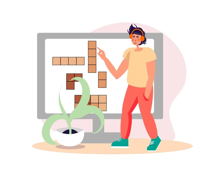 Vector cartoon guy in headphones playing tetris cybersport streamers lifestyle indoors activity and hobby for teens recreation and leisure time vector illustration