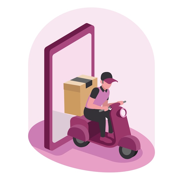 Cartoon guy leaves on motorcycle with delivery of groceries from mobile phone Purchase of goods via internet Delivery for commercial business Waiting and delivery of parcels Vector