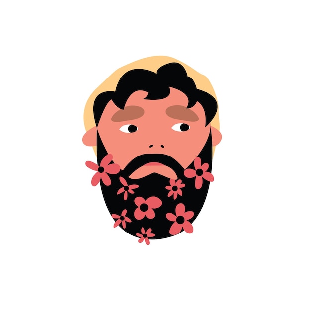 Cartoon guy with a beard and pink flowers Bearded hipster with blooming plants Spring flowers Vector handdrawn illustration on an isolated white background Cute graphic design