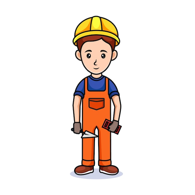 Vettore ragazzo cartone animato con cappello. uomo in abiti da costruzione, con in mano un mattone e pala per attrezzi da costruzione