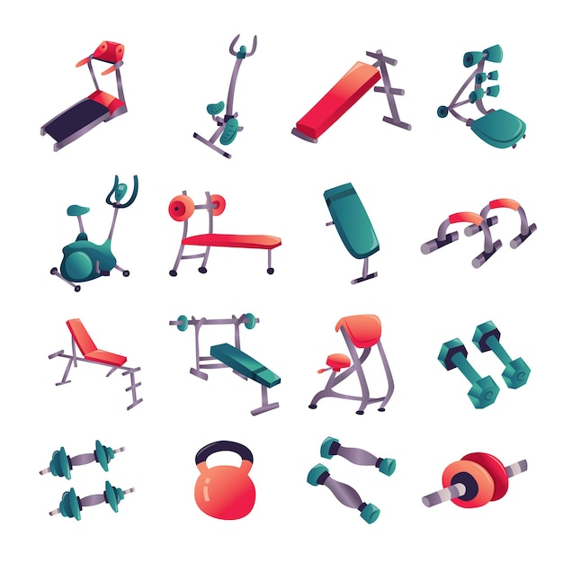 Vector cartoon gym equipment set