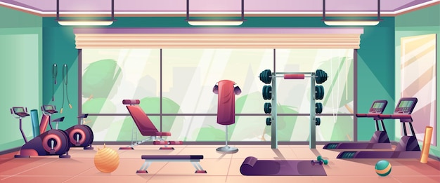 cartoon gym interior with fitness equipment vector illustration in flat style