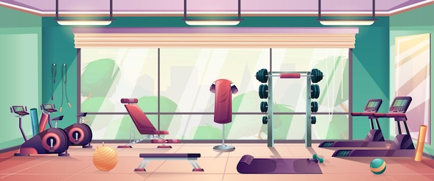 Vector cartoon gym interior with fitness equipment vector illustration in flat style