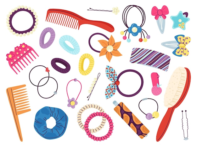 Cartoon hair clips Stylist accessories flat plastic hairdressing pin and clip Equipment fashionable fabric headband and hairpin decent vector collection
