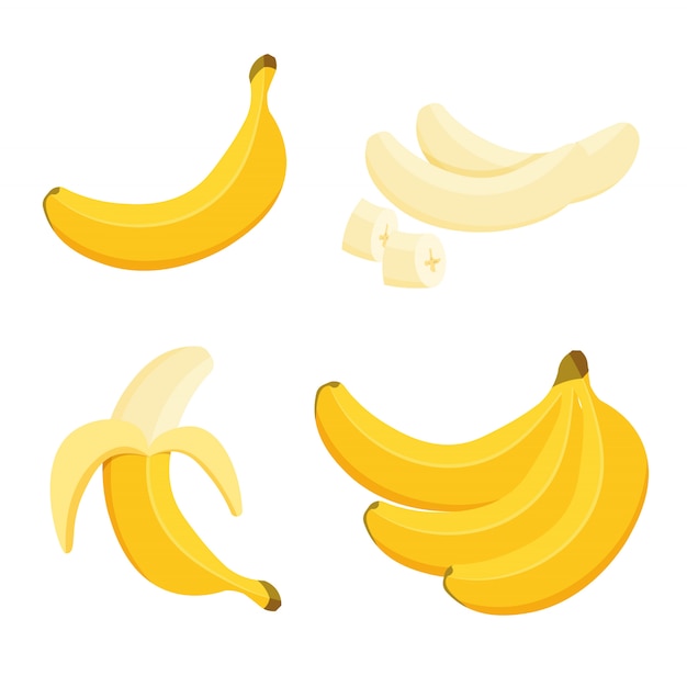 Vector cartoon half gepelde banaan en tros bananen. tropisch fruit, bananensnack of vegetarische voeding. veganistisch eten pictogrammen in een trendy cartoon-stijl. gezond eten concept.