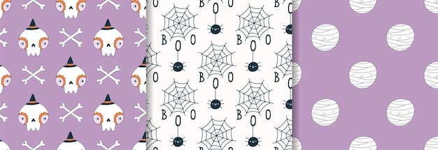 Vector cartoon halloween backgrounds hand drawn skull bones web mummy vector set of seamless patterns