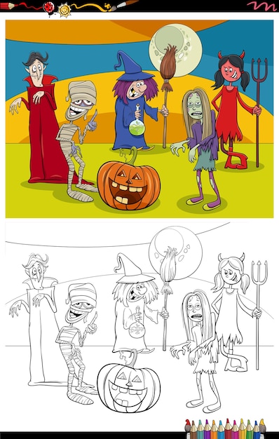 Cartoon halloween characters group coloring book page