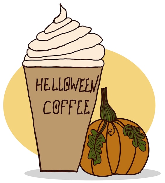 Vector cartoon halloween coffee and orange pumpkin