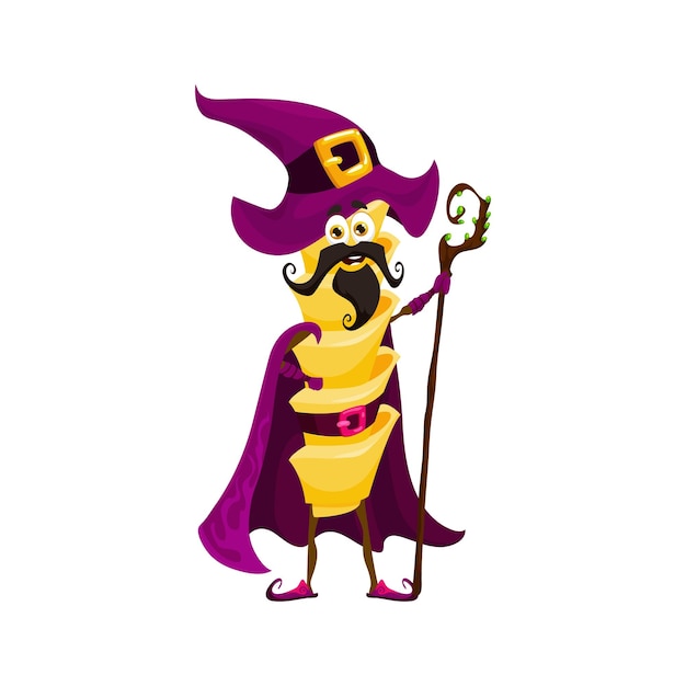 Cartoon Halloween eliche pasta sorcerer character Wizard warlock or mage Italian cuisine noodle isolated vector character Sorcerer tasty pasta comical personage or cute mascot with magic staff