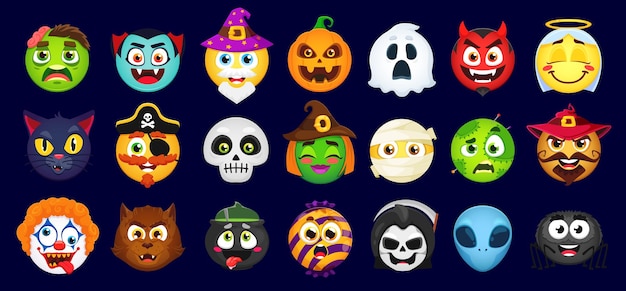 Set di emoji di halloween del fumetto zombie vettoriale vampiro mago zucca e fantasma diavolo angelo gatto nero e pirata teschio strega mummia e bambola voodoo con sinistro clown lupo mannaro alieno o calderone