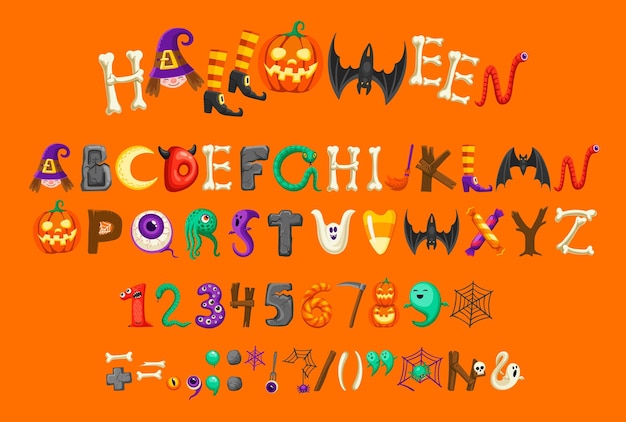 Cartoon halloween font tipo o carattere alfabeto vettore orribile e spettrali mostri come lettere halloween testo font o alfabeto di fantasma inquietante felice male e abc parole di ossa e zucche