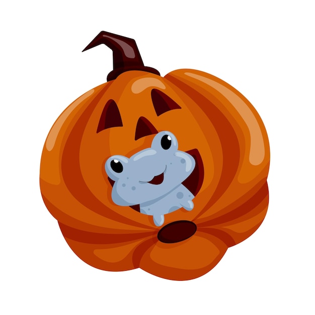 Вектор Мультфильмная лягушка хэллоуин сидит в тыкве и улыбается вектор иллюстрация изолирована на белом