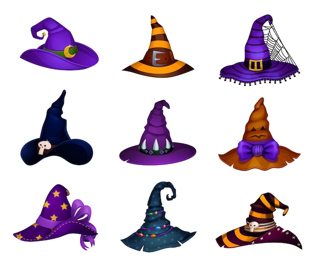 Cartoon Halloween hats of witch or enchantress