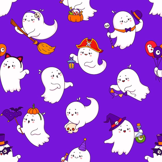 Cartoon halloween kawaii cute ghosts seamless pattern vector wallpaper or tile background with adorable baby spooks wear witch hat holding broomstick and pumpkin lantern or garland holiday decor